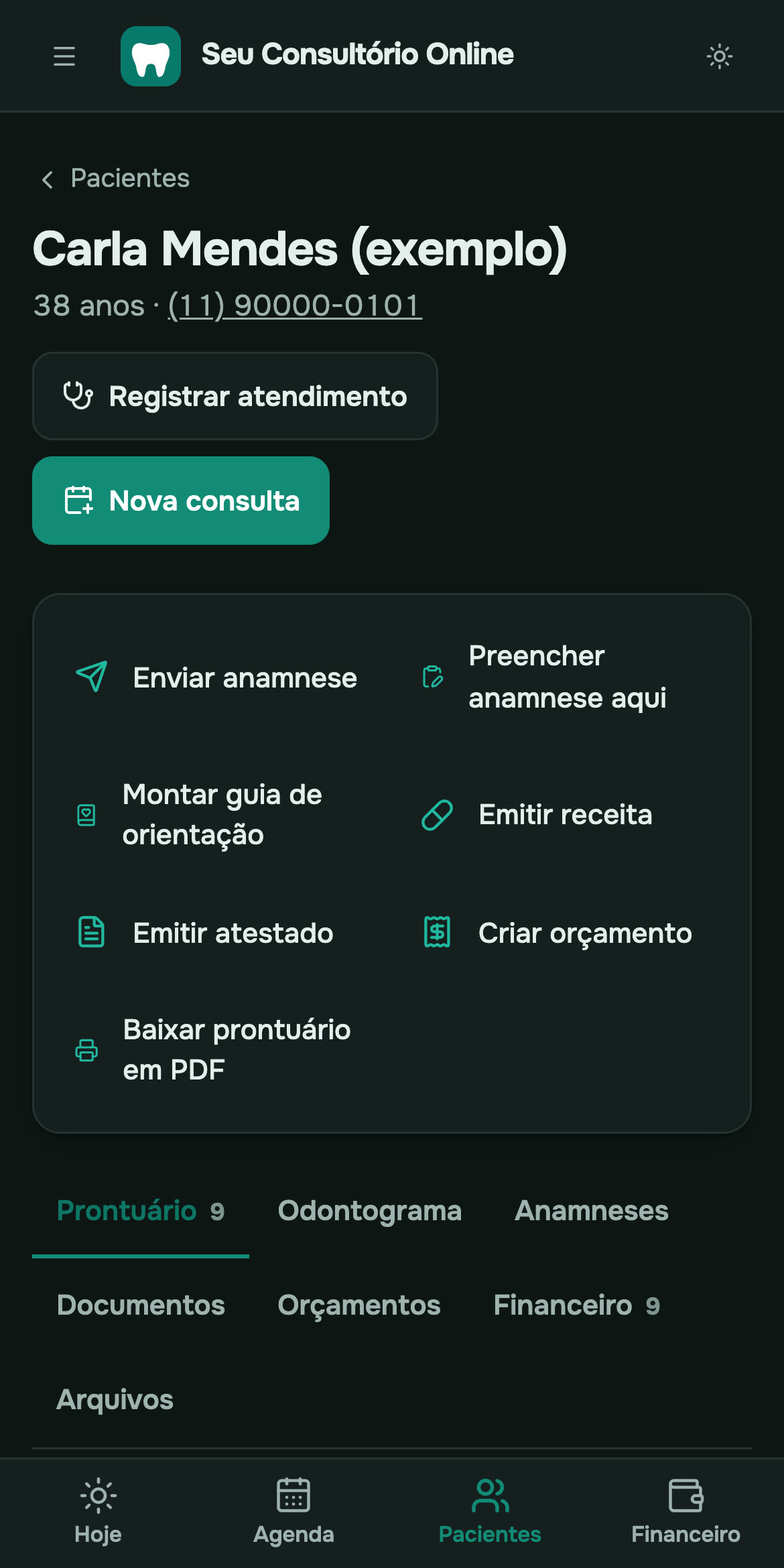 A ficha do paciente no celular